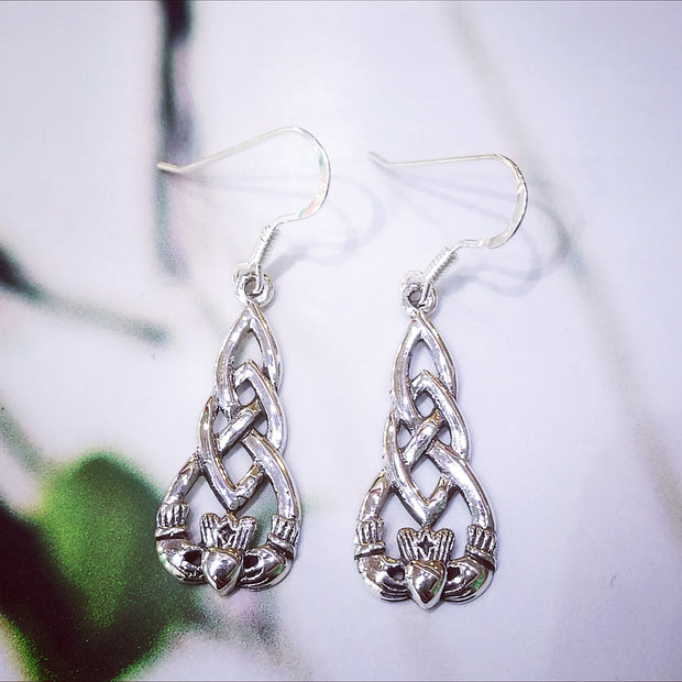 Sterling Silver Claddagh Earrings with Knotwork Motif