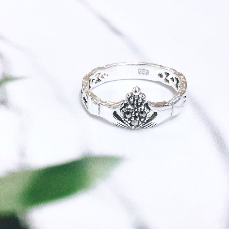 Sterling Silver Claddagh with Knotwork and Marcasite